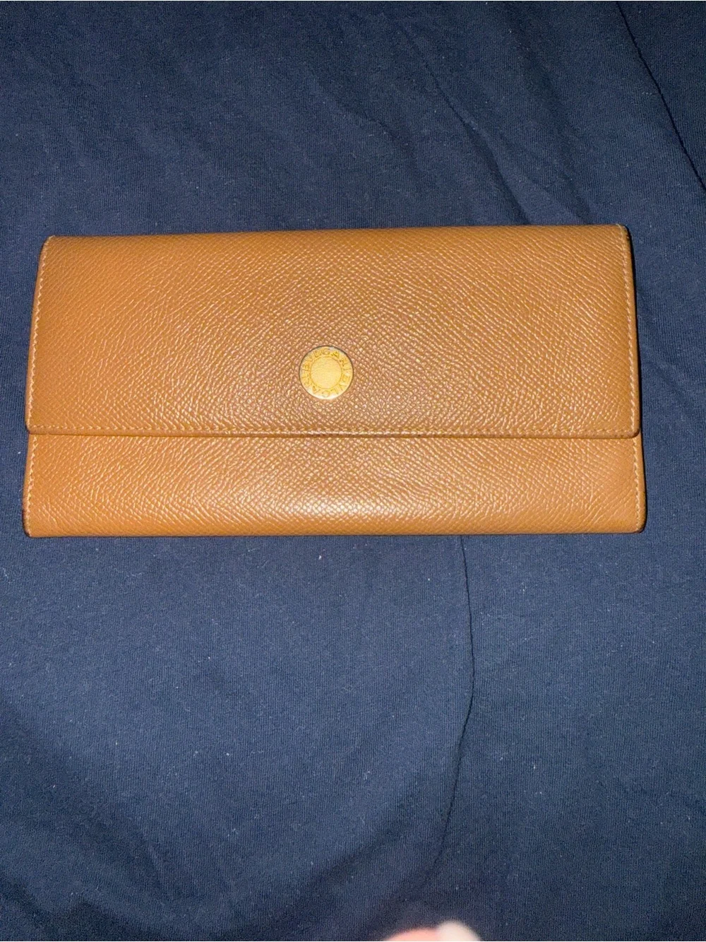 Bulgari Tan Leather Continental Wallet with Gold Emblem